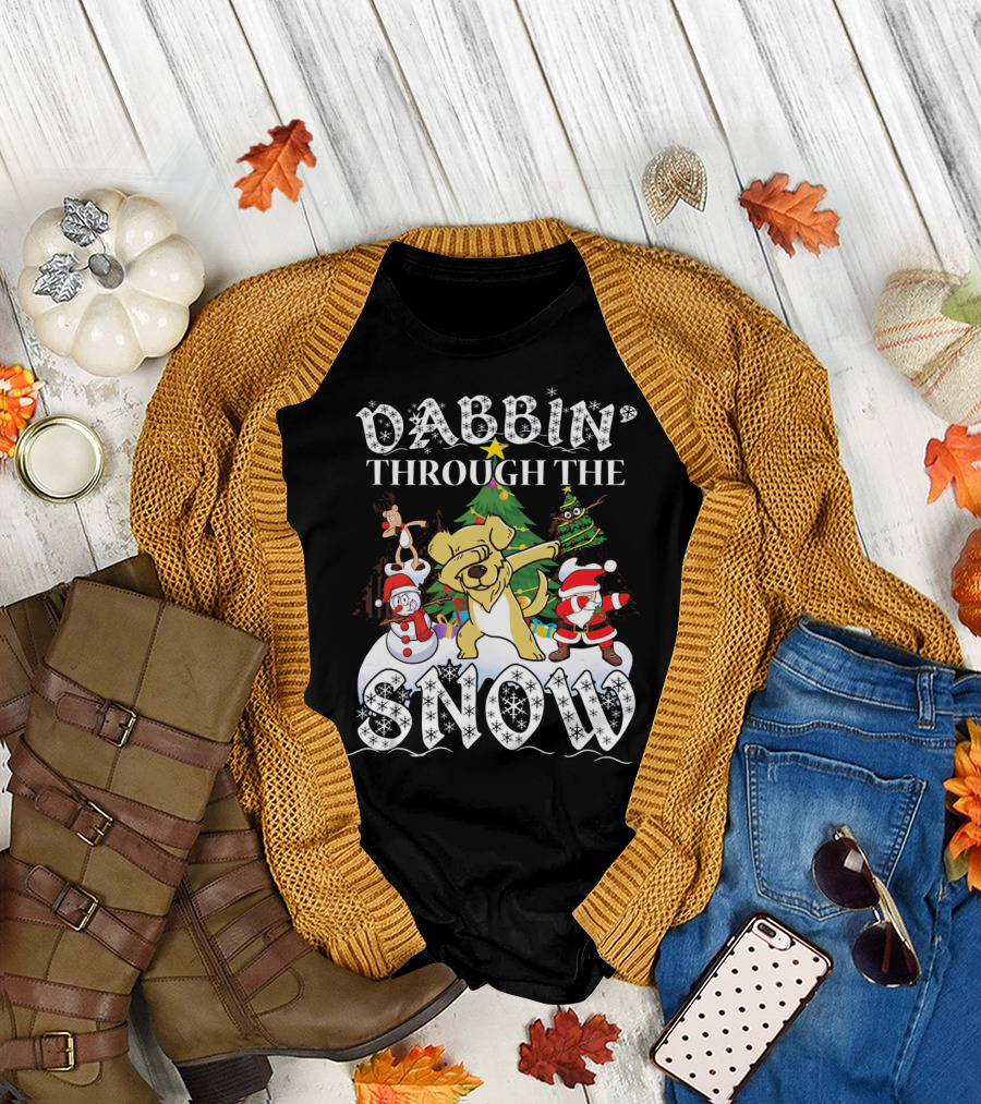 Dabbin' Through The Snow Golden Retriever Christmas Santa Reindeer Snowman T-Shirt