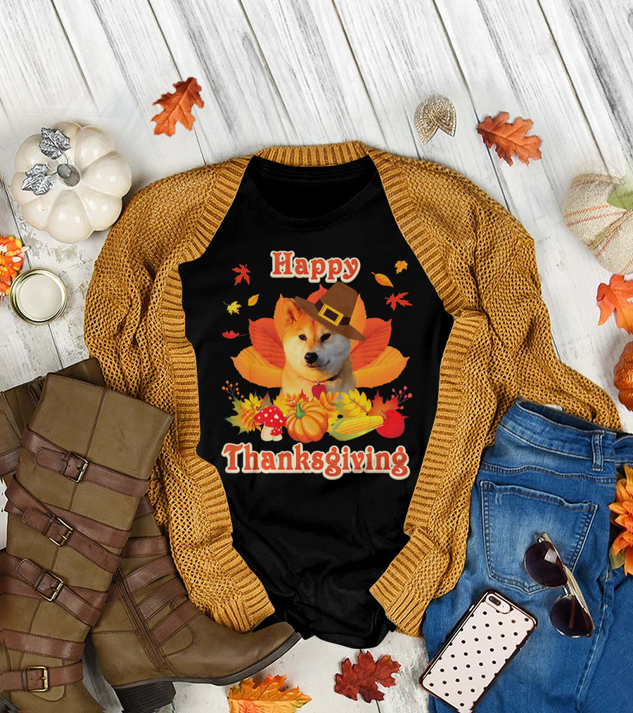 Happy Thanksgiving Akita Japanese Inu with Autumn Leaves and Harvest Icons T-Shirt