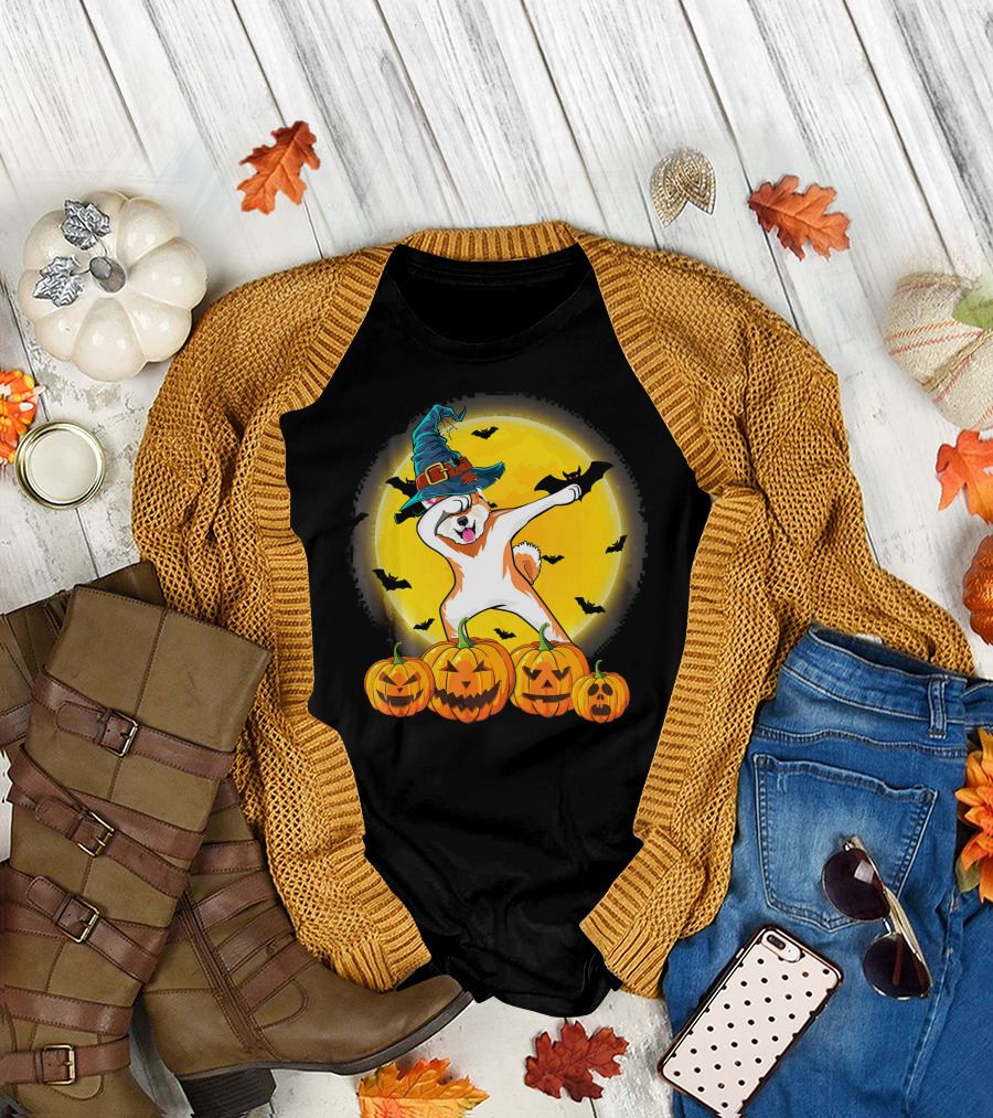 Dabbing Akita Dog in Witch Hat with Pumpkins and Full Moon Halloween Scene T-Shirt