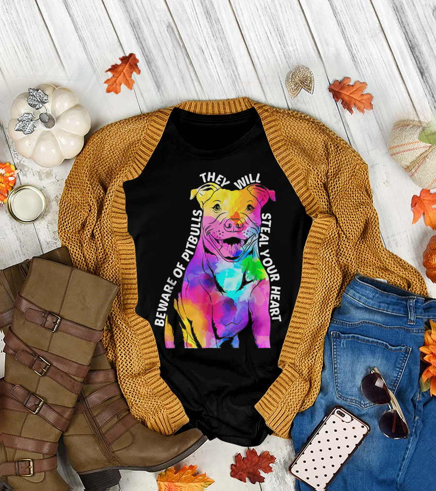 Beware of Pitbulls They Will Steal Your Heart Watercolor Dog T-Shirt