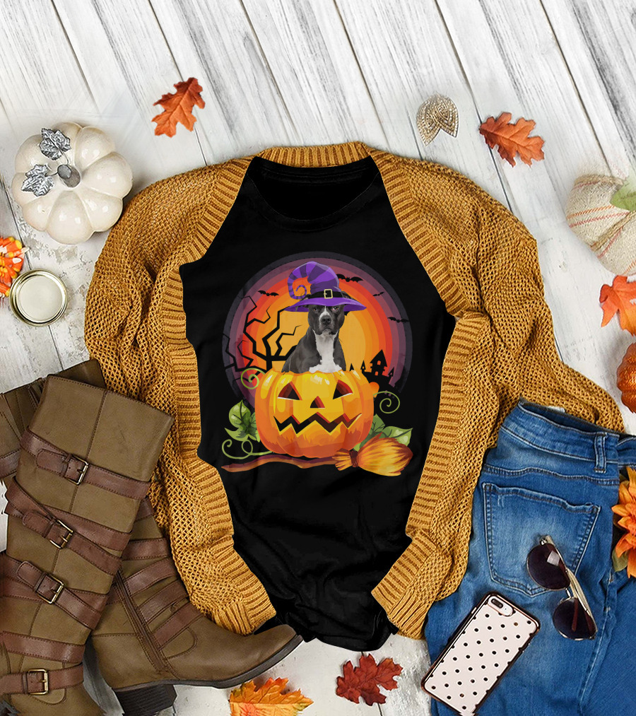 American Pit Bull Halloween Witch Hat Pumpkin Broomstick T-Shirt