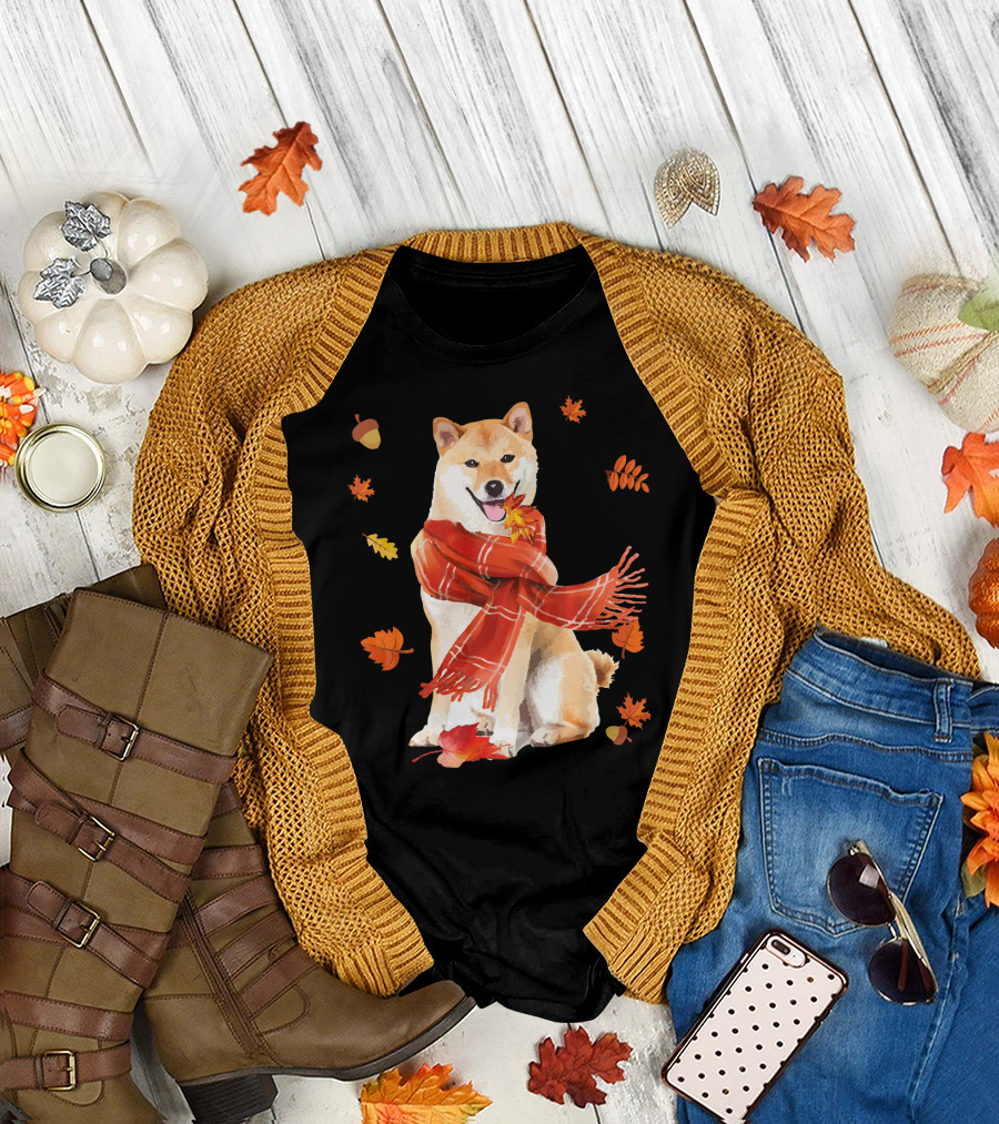 Acorn Autumn Leaves Cute Akita Inu with Red Scarf T-Shirt