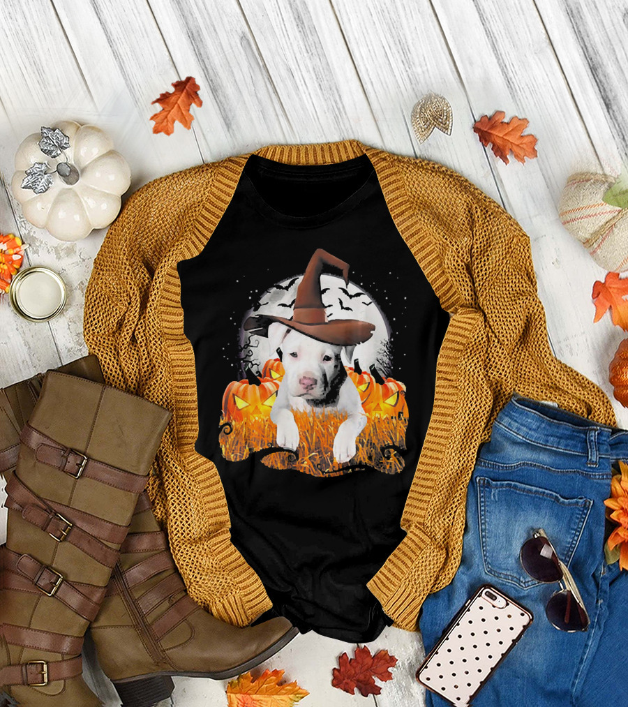 Cute White Pit Bull Dog Witch on Halloween Pumpkin Patch Night Scene T-Shirt