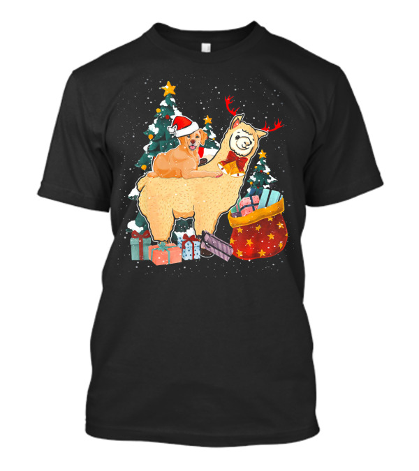 Golden Retriever Santa Riding Llama With Gifts And Christmas Trees T-Shirt