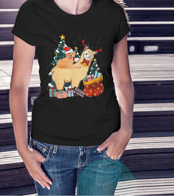 Golden Retriever Santa Riding Llama With Gifts And Christmas Trees T-Shirt