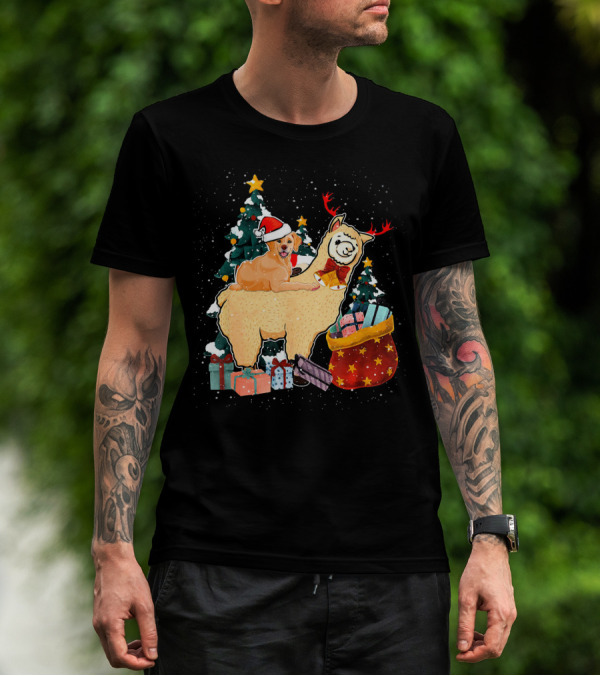Golden Retriever Santa Riding Llama With Gifts And Christmas Trees T-Shirt