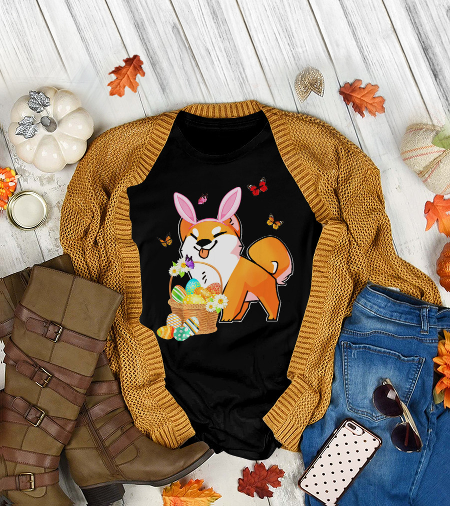 Akita Bunny Hat Easter Eggs Basket with Butterflies T-Shirt