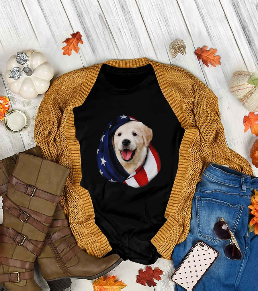 Golden Retriever Wrapped in American Flag Stars and Stripes USA T-Shirt
