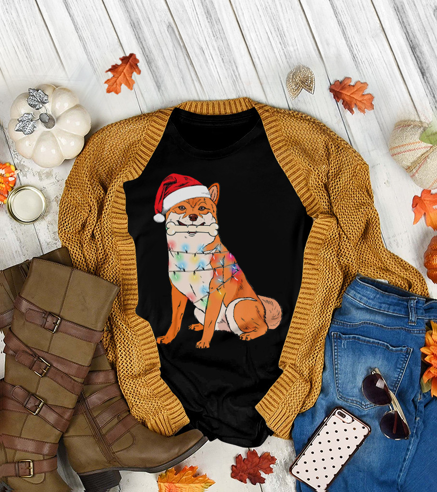 Akita Inu with Santa Hat and Christmas Lights Holding Bone T-Shirt