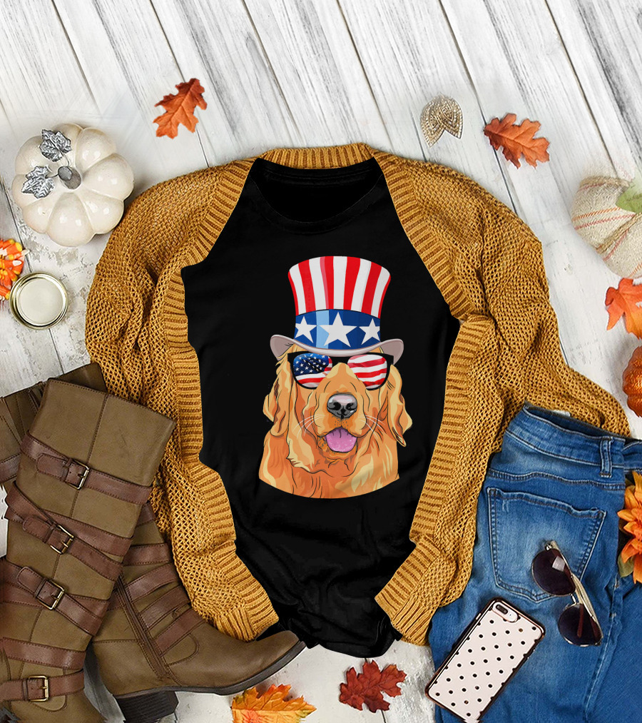 Golden Retriever in Stars and Stripes Hat and Sunglasses T-Shirt