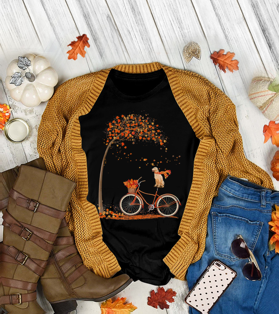Dog Leaf Fall Autumn Cycling Funny Golden Retriever on Bicycle T-Shirt