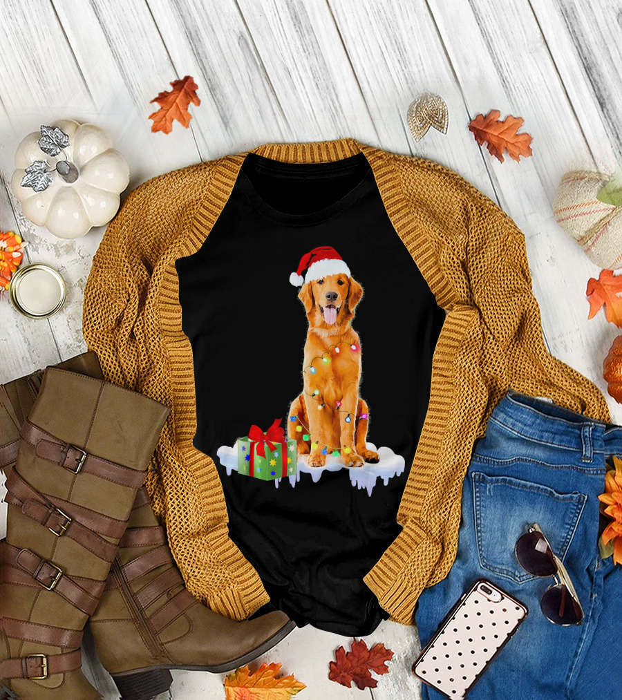 Golden Retriever Wrapped in Christmas Lights with Santa Hat and Present T-Shirt