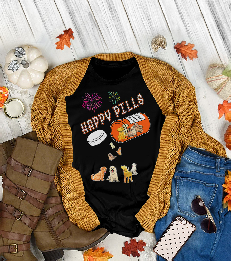 Happy Pills Dogs Fireworks Golden Retriever T-Shirt