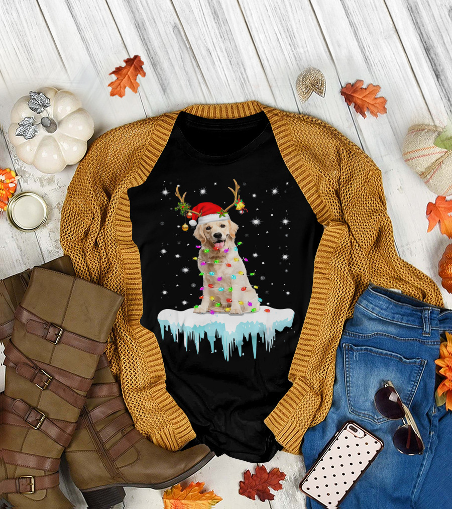 Golden Retriever Santa Hat Reindeer Horn Christmas Lights Snowflakes T-Shirt