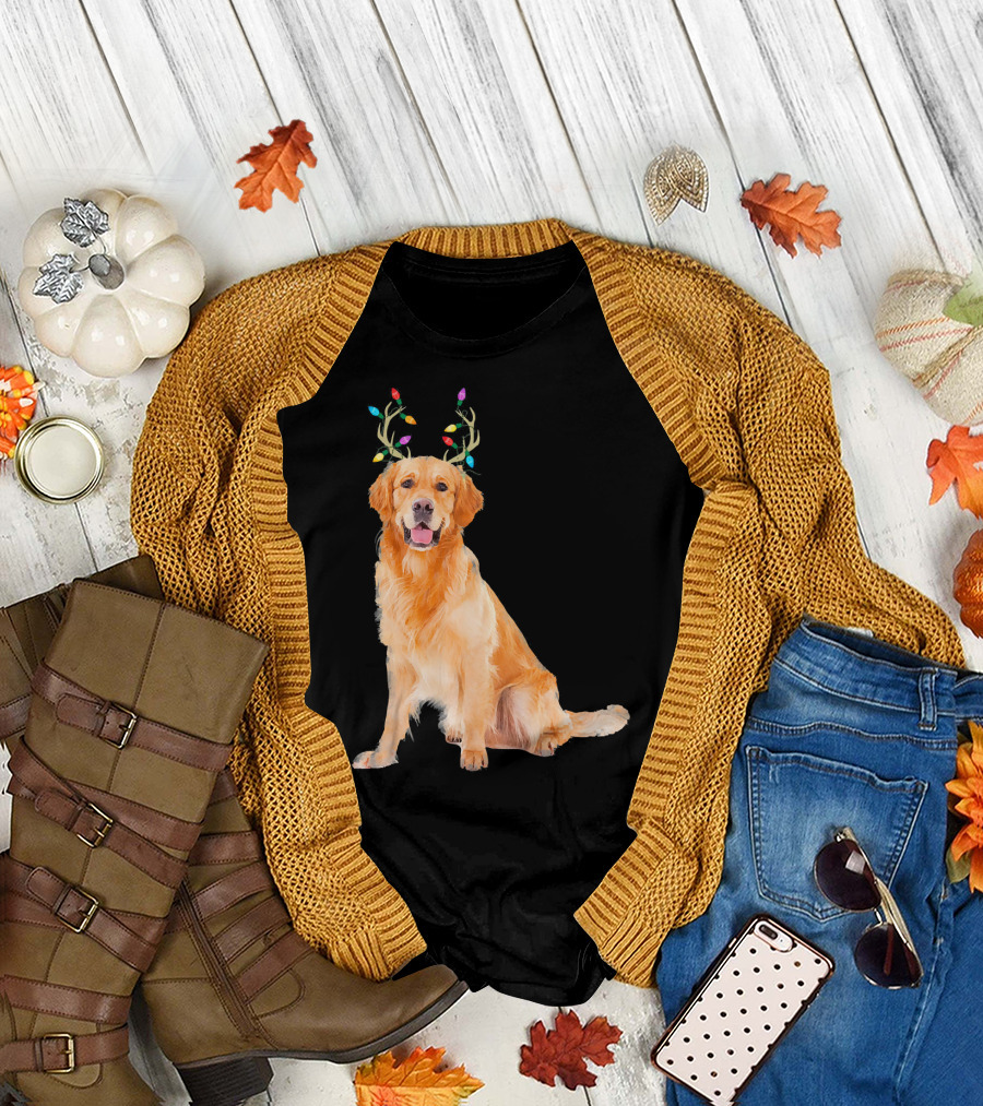 Golden Retriever Christmas Dog with Reindeer Antlers and Lights T-Shirt