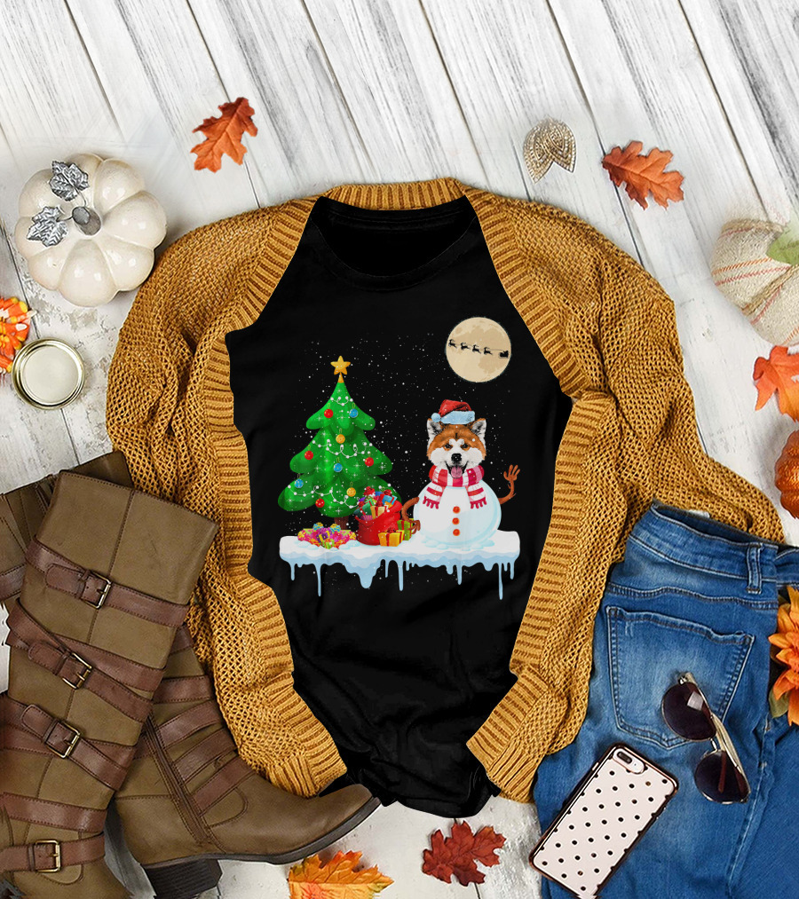 Akita Snowman with Christmas Tree and Santa's Sleigh T-Shirt
