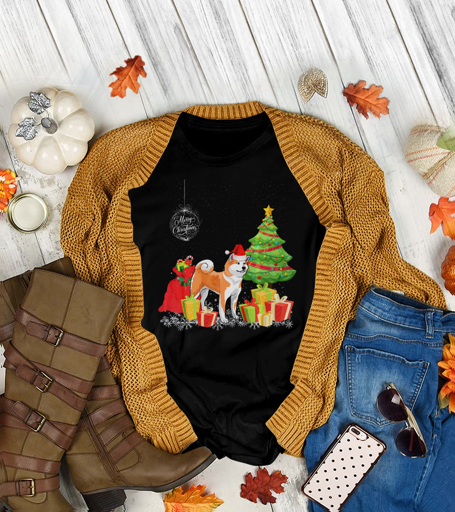 Merry Christmas Akita with Santa Hat and Presents Under Christmas Tree T-Shirt