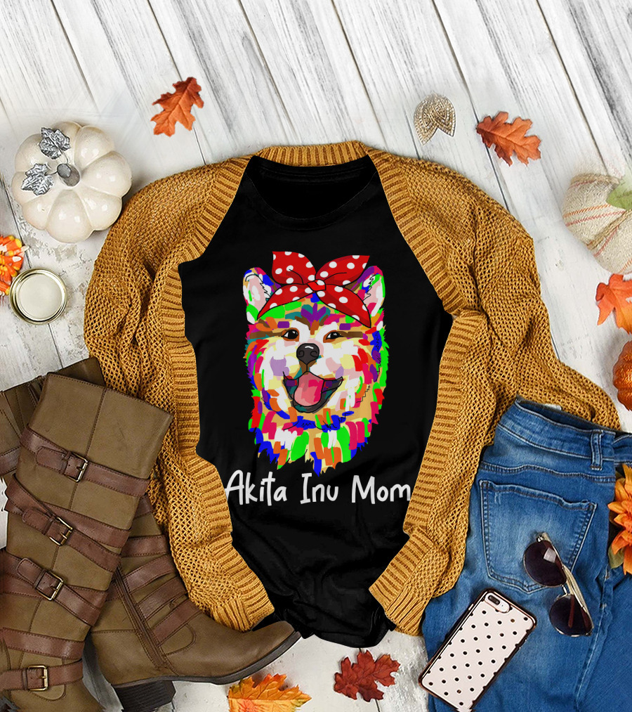 Akita Inu Mom Colorful Dog with Red Polka Dot Bow T-Shirt