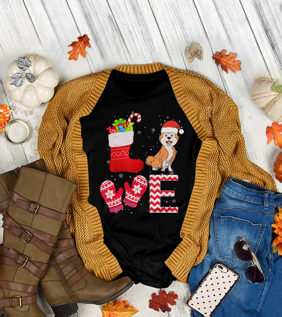 Christmas Akita Lover Dog Stocking Mittens Snowflakes T-Shirt