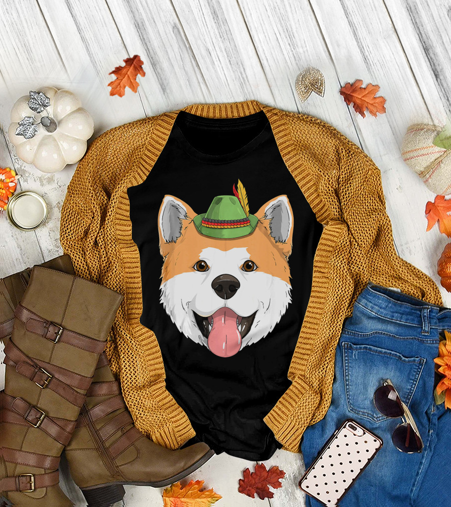 Akita Inu Oktoberfest German Bavaria Dog with Lederhosen Hat T-Shirt