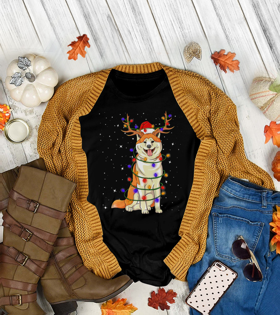 Akita Christmas Lights Dog with Santa Hat and Reindeer Antlers T-Shirt