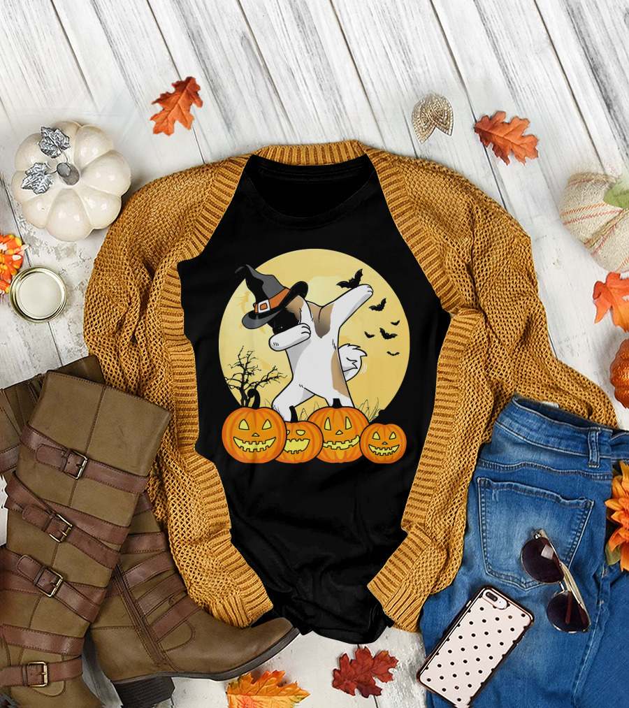Halloween Akita Dog Dabbing with Pumpkins and Witch Hat T-Shirt