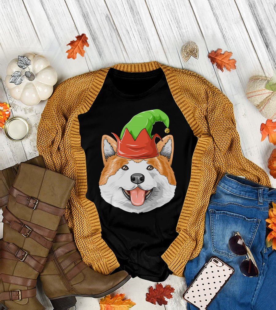 Akita Dog in Festive Elf Hat Christmas T-Shirt