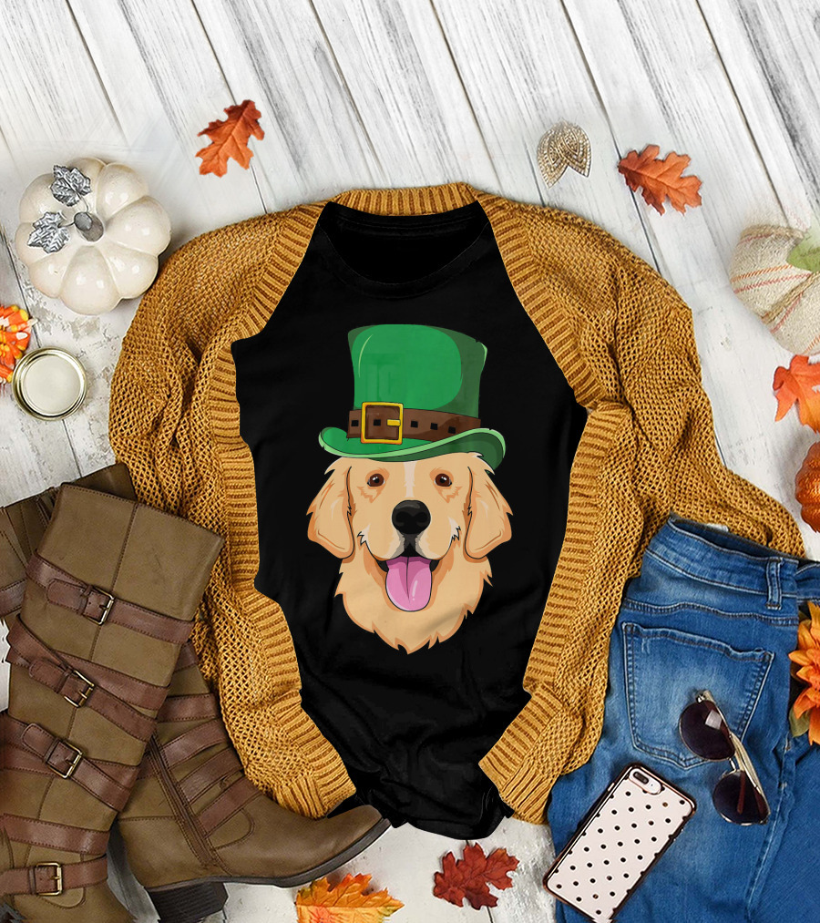 Golden Retriever Wearing St. Patrick's Day Green Hat T-Shirt
