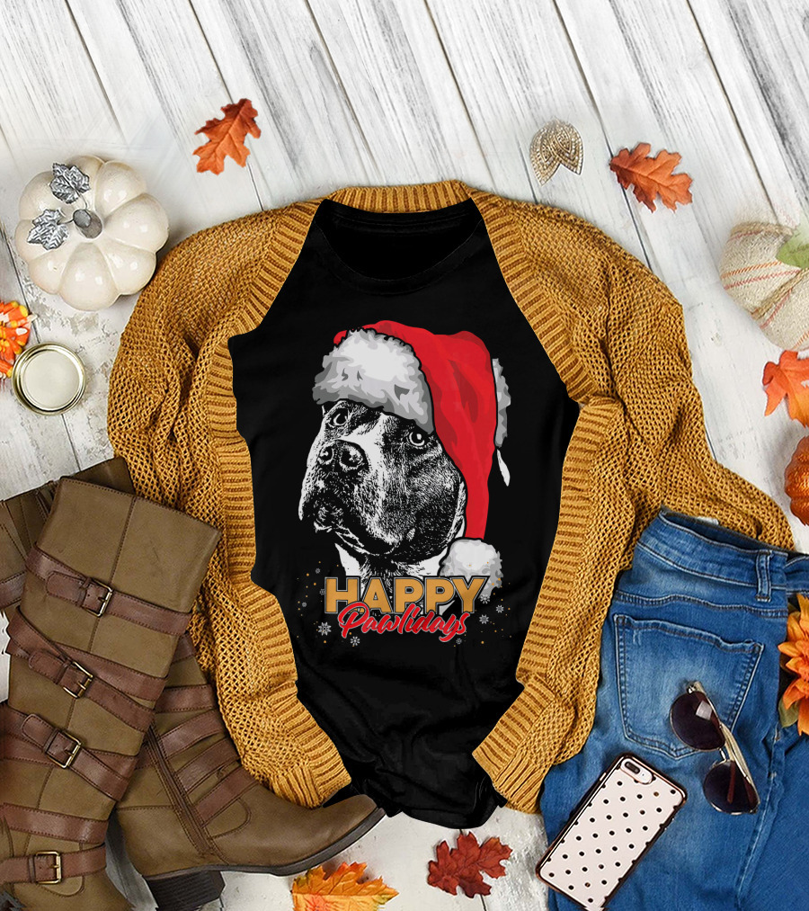 Happy Pawlidays Funny Christmas Pit Bull T-Shirt