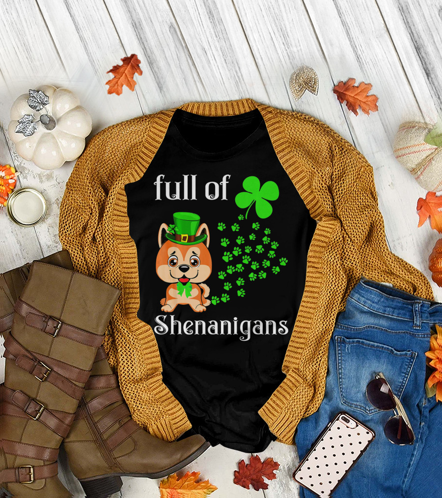 Full Of Shenanigans Akita Inu St Patrick's Day Clover Hat Paws T-Shirt