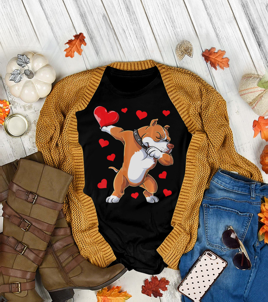 Dabbing Pit Bull Holding Heart Surrounded by Red Hearts Valentine's Day T-Shirt