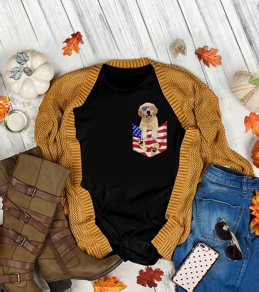 Golden Retriever Wearing American Flag Sunglasses in Patriotic Pocket T-Shirt