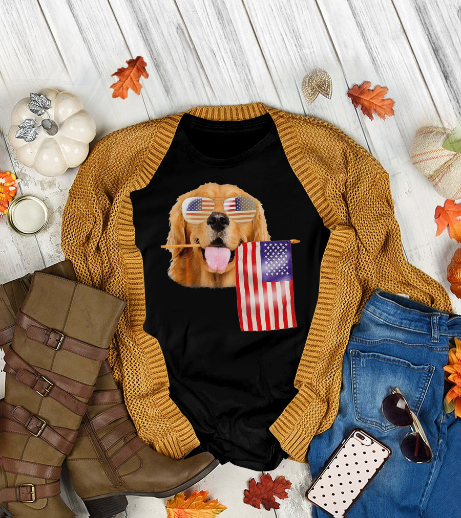 4th of July American Flag Golden Retriever with Sunglasses T-Shirt