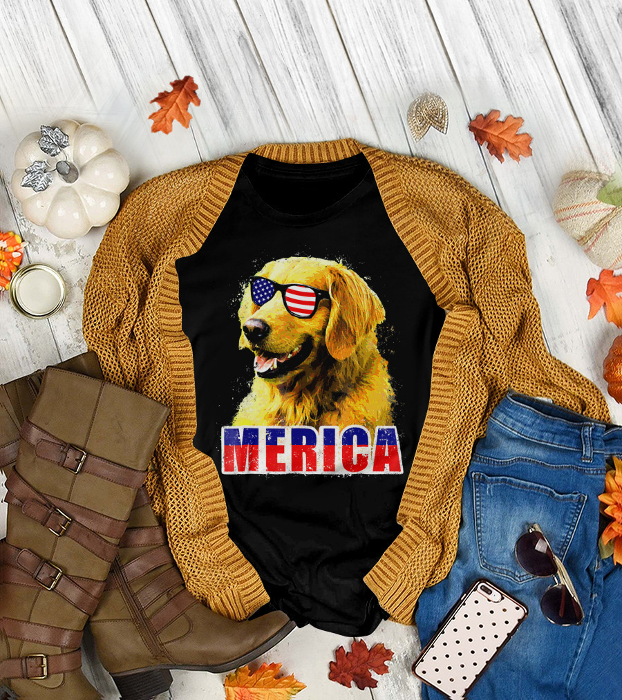 MERICA Dog Golden Retriever American Flag Sunglasses T-Shirt