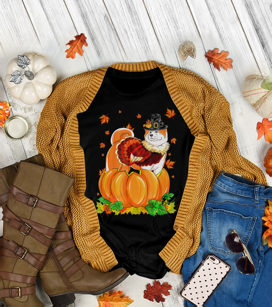 Thanksgiving Akita Dog with Turkey Costume and Pilgrim Hat in Pumpkin Patch T-Shirt