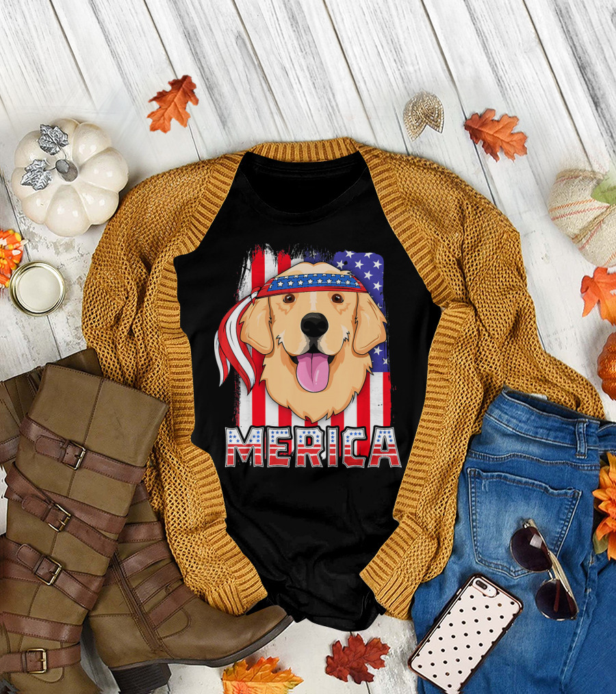 Merica Golden Retriever with American Flag Bandana 4th of July T-Shirt