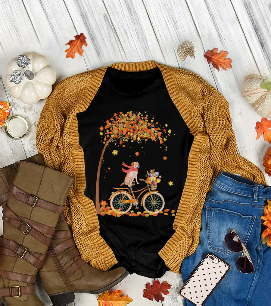 Labrador Retriever Autumn Bicycle Ride Under Falling Leaves T-Shirt
