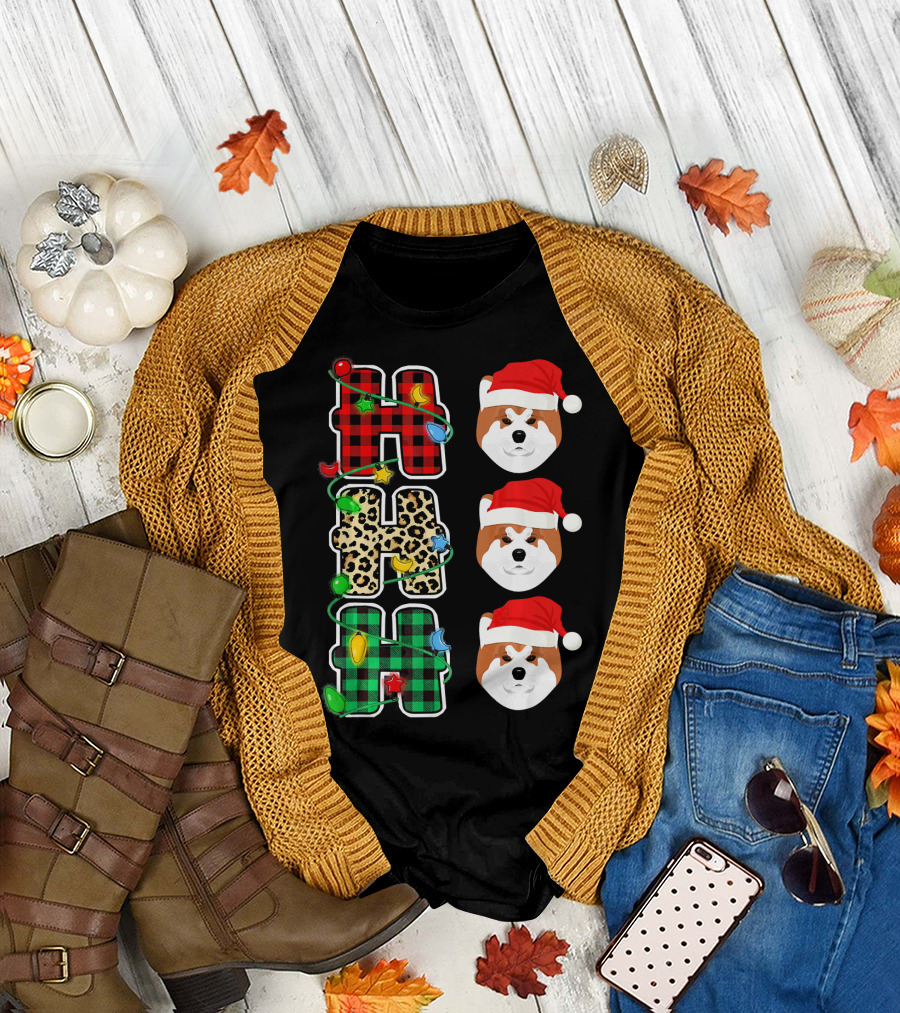 HO HO HO Plaid Leopard Santa Hat Akita Christmas Lights T-Shirt