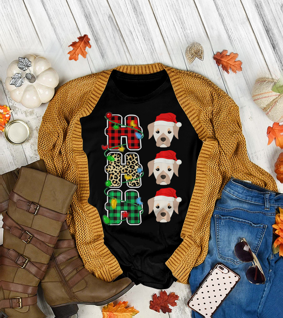 HO HO HO Plaid and Leopard Print with Santa Hat Labrador Retriever T-Shirt