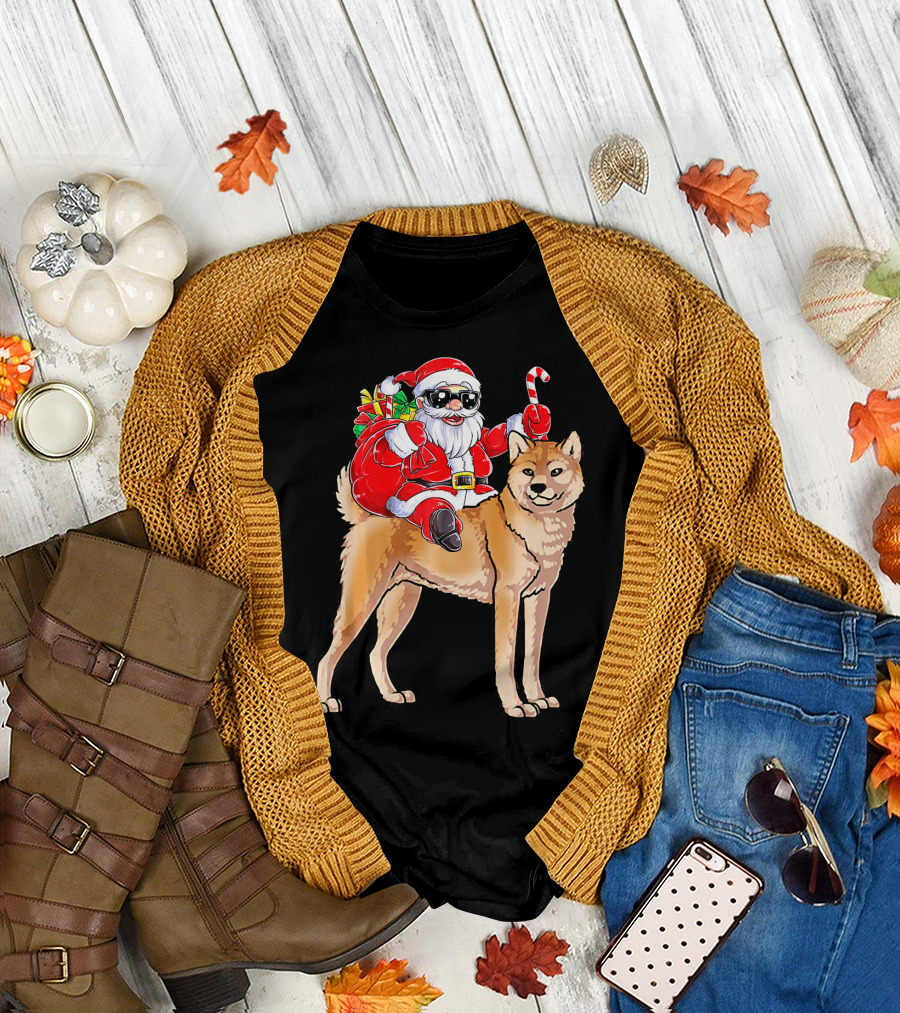 Santa Claus Riding Akita With Candy Cane and Gifts T-Shirt