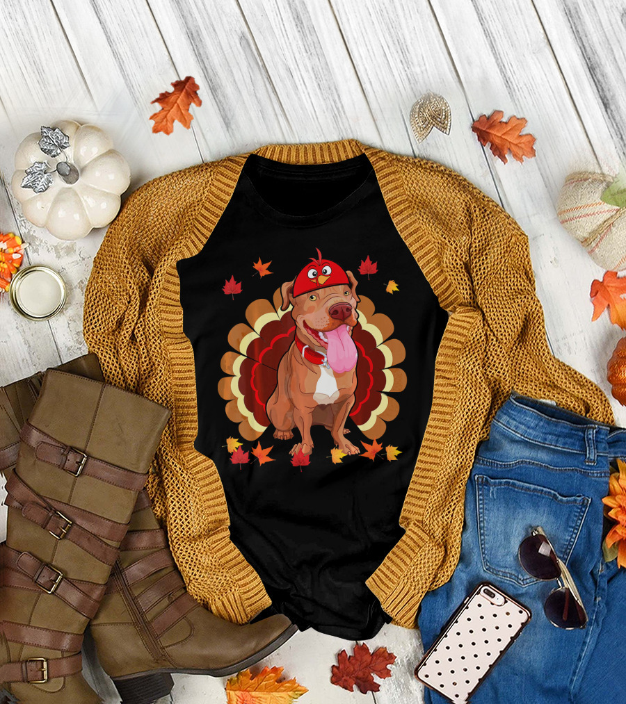 Turkey Pit Bull Funny Lover Thanksgiving Dog Hat Autumn Leaves T-Shirt