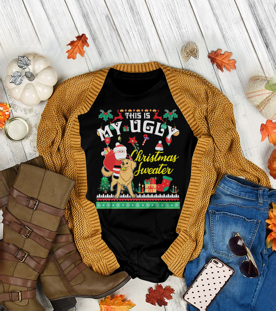 This Is My Ugly Christmas Sweater Santa Riding Golden Retriever T-Shirt
