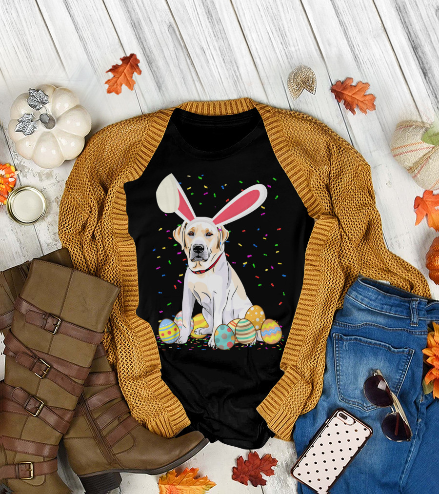 Labrador Dog with Bunny Ears Sitting Among Colorful Easter Eggs T-Shirt