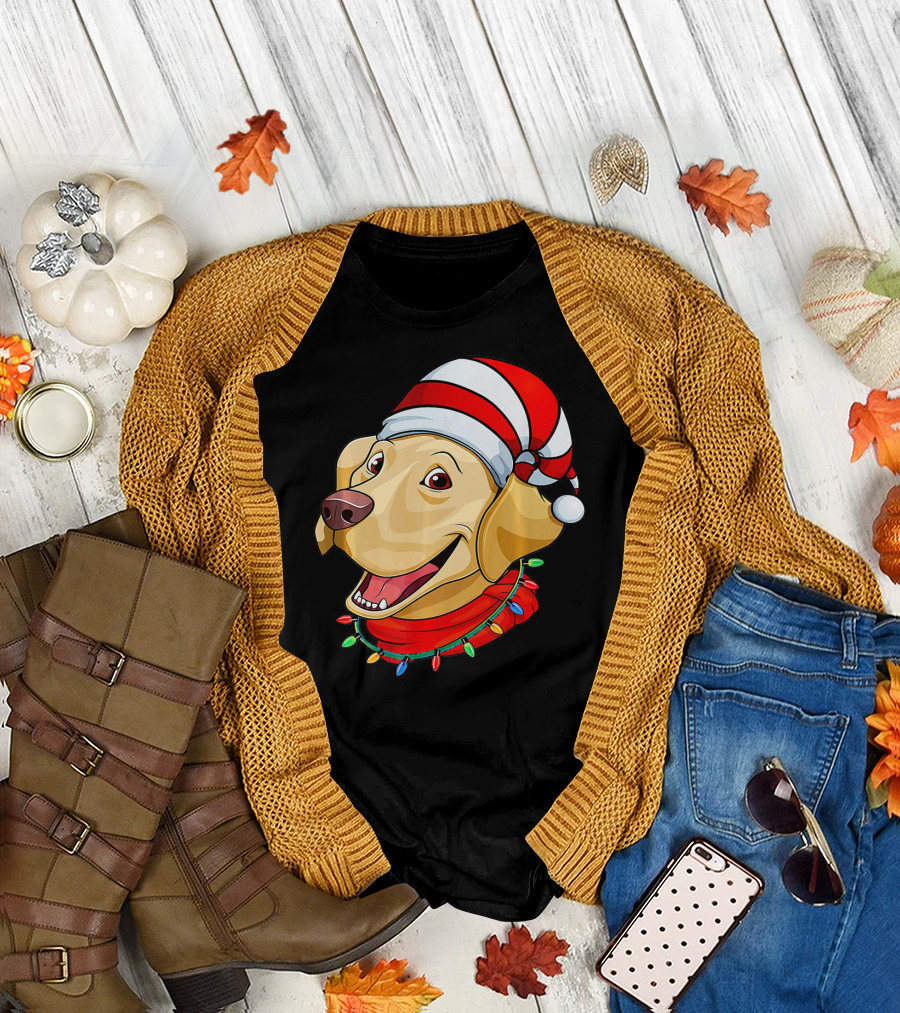 Labrador Retriever with Santa Hat and Christmas Lights T-Shirt