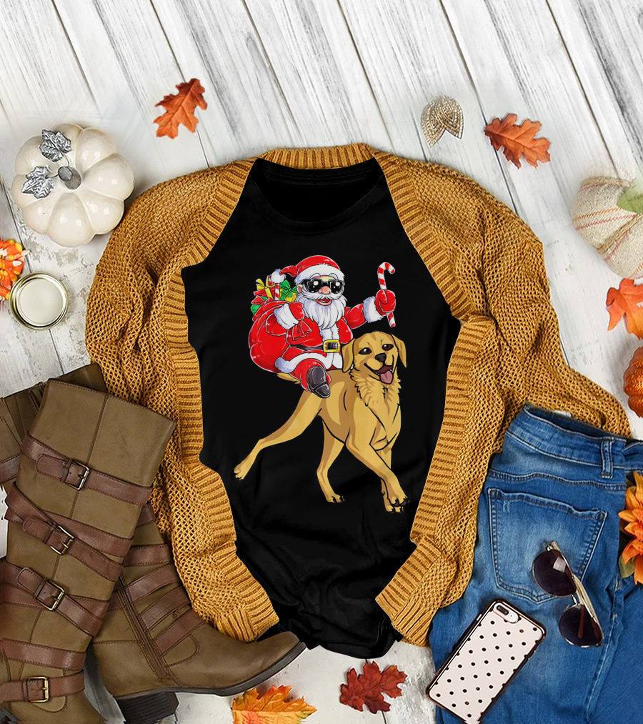 Santa Claus Riding Labrador Retriever with Candy Cane and Gift Sack T-Shirt