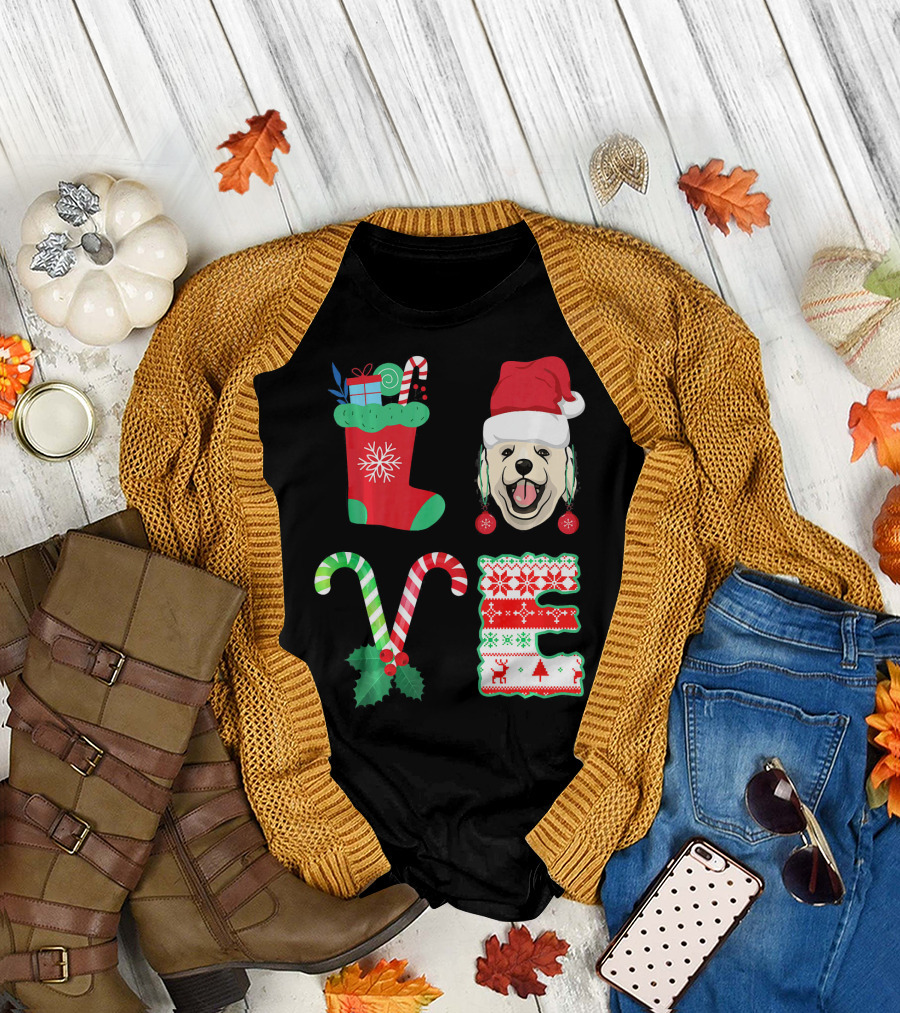 Love My Golden Retriever Christmas Santa Hat Stocking Candy Cane T-Shirt