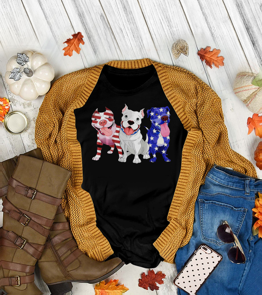 Pit Bull American Flag Independence Day Celebration with Patriotic Dog Trio T-Shirt
