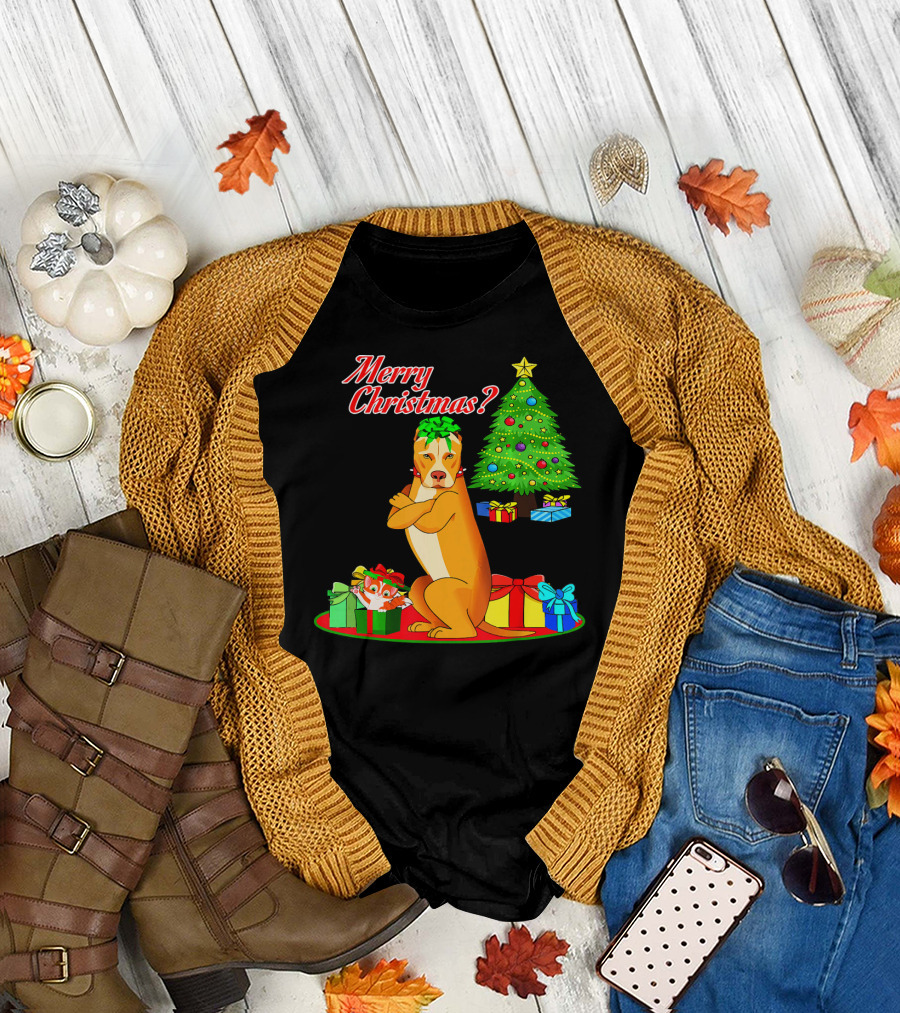 Merry Christmas? Pit Bull Dog with Christmas Cat and Tree T-Shirt