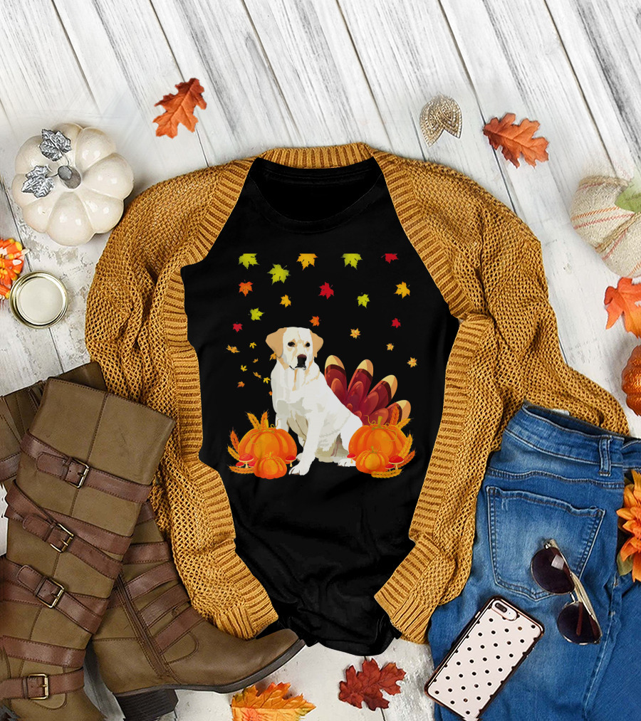 Thanksgiving Labrador Retriever Surrounded by Autumn Leaves and Pumpkins T-Shirt