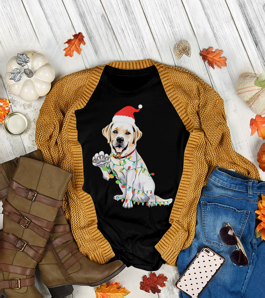 Labrador Retriever Dog Tangled In Christmas Lights with Santa Hat T-Shirt